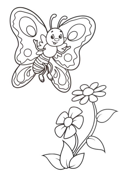 butterfly and two flowers coloring worksheet